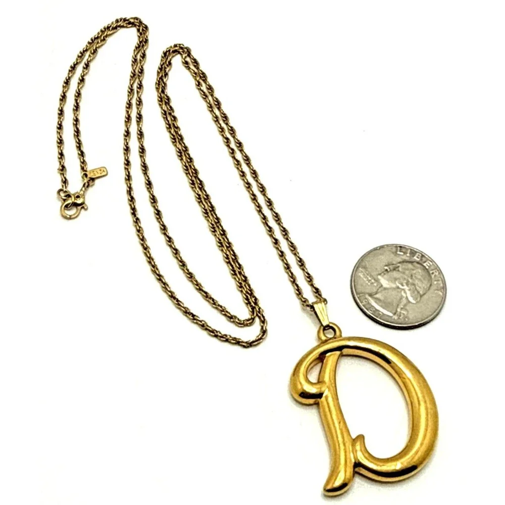 Vintage AVON Monogram D Pendant Necklace Monet Gold Tone Chain Long 30